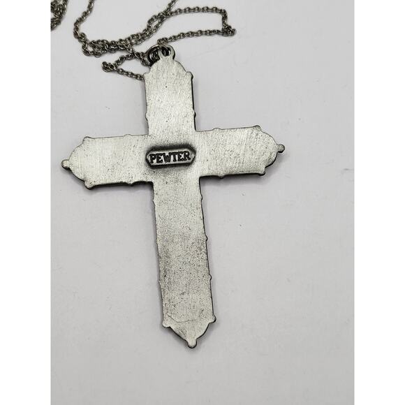 Vintage Pewter Cross Pendant Necklace 16 Inch Chain Religious Jewelry - Picture 4 of 7